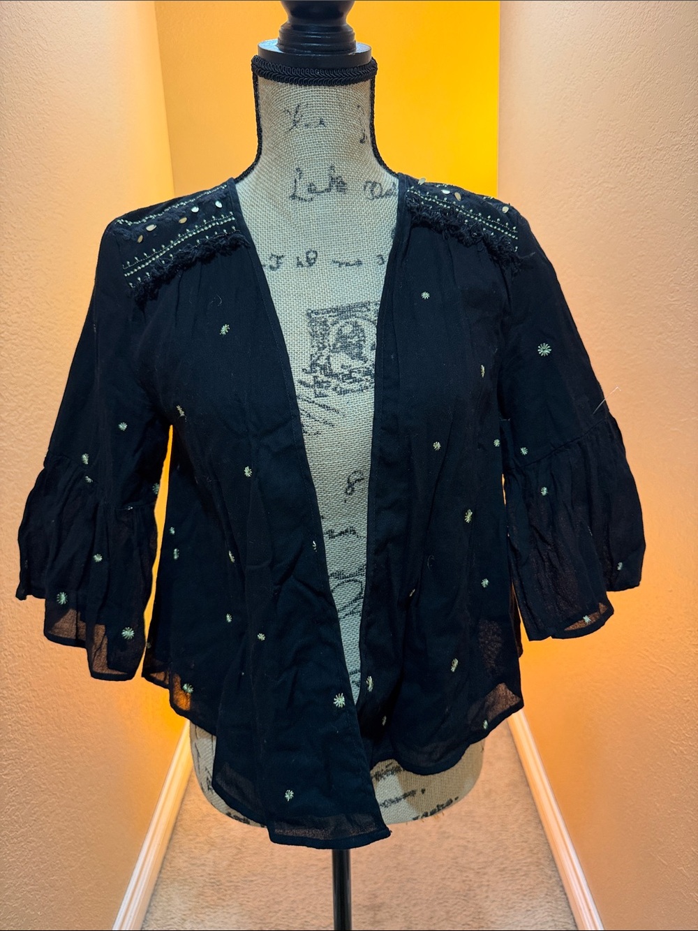 Savannah Miller Black Open-Front Embroidered Tunic NWOT